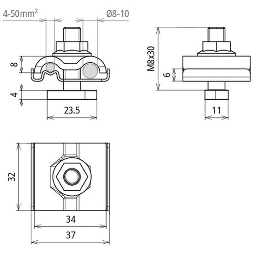 540250 DEHN Uni Erdungsklemme Niro f. RD 8-10 u. Leiter 4-50mm² M8 Schraube Produktbild Additional View 1 L