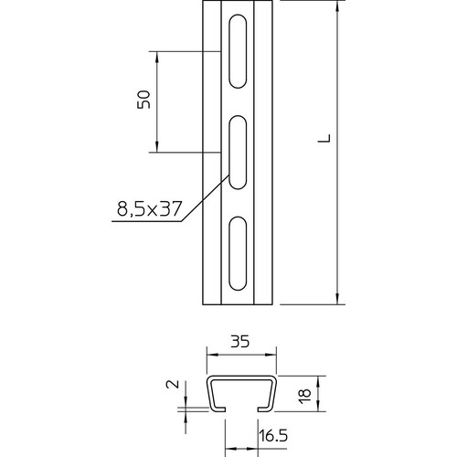 1112759 OBO 2063 L 2M FT Profilschiene langgelocht,Schlitzweite16,5mm 2000x35x1 Produktbild Additional View 1 L