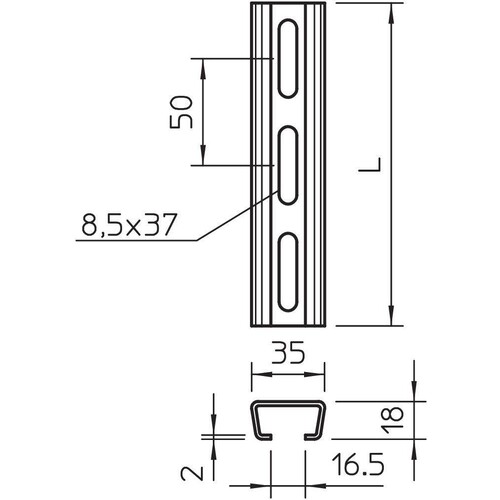 1112708 OBO 2063 L 2M FS Profilschiene langgelocht,Schlitzweite16,5mm 2000x35x1 Produktbild Additional View 1 L