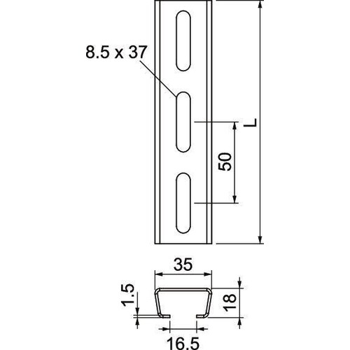 1119656 OBO 2068 L 2M FT Profilschiene gelocht, Schlitzweite 16,5mm 2000x35x18 Produktbild Additional View 1 L