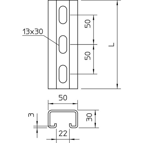 1121466 OBO CPS 5 L 3M FT Profilschiene gelocht, Schlitzweite 22mm 3000x50x30 St Produktbild Additional View 1 L