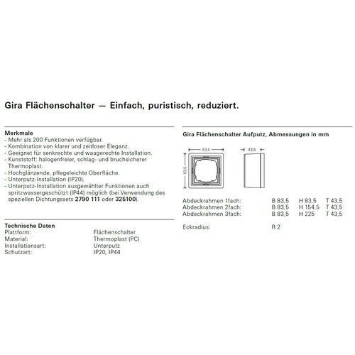 0063112 Gira Aufputz Gehäuse 3fach Flächenschalter Reinweiß Produktbild Additional View 1 L
