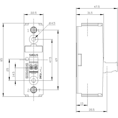 3RF2170-1AA24 Siemens Halbleiterrelais 3RF2, 1-phasig, B=22,5mm, 70A 48-460V/1 Produktbild Additional View 3 L