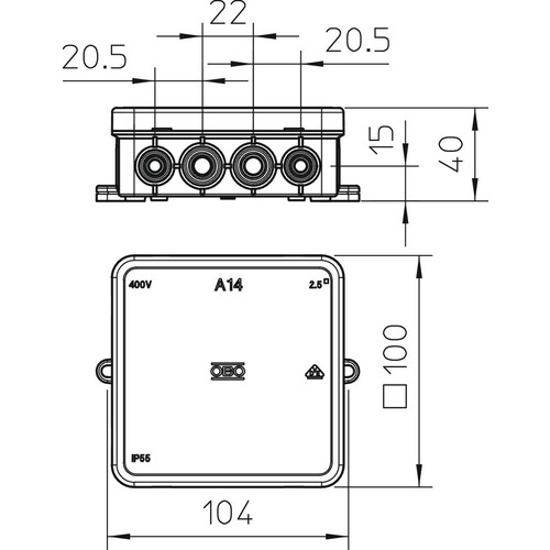 2000378 Obo A 14 Kabelabzweigkasten  100x100x38 Polyethylen  lichtgrau 7035 Produktbild Additional View 1 L