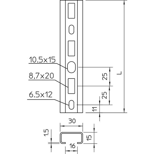 1109863 Obo CM3015P1000FT Profilschiene gelocht, Schlitzweite 16mm 1000x30x15 S Produktbild Additional View 1 L