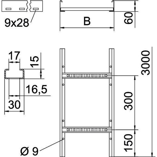 6209612 Obo LCIS 630 3 FS Kabelleiter Sprosse gelocht, geschweißt 60x300x3000 Produktbild Additional View 1 L