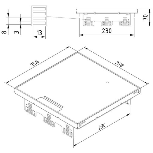 16631 Trayco FS HC15 PL SQ 260 SS304 Klappdeckel quadratisch flach B=258mm, Produktbild Front View L