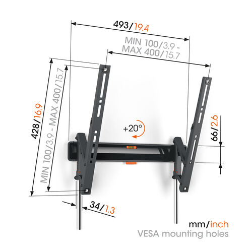 TVM 3415 Vogels TV-Wandhalterung 32-65" neigbar 400x400 max.25kg schwarz Produktbild Additional View 1 L