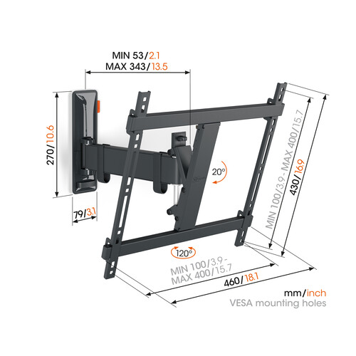 TVM 3425 Vogels TV-Wandhalterung 32-65" schwenk-neigbar 400x400 max.25kg schwarz Produktbild Additional View 1 L