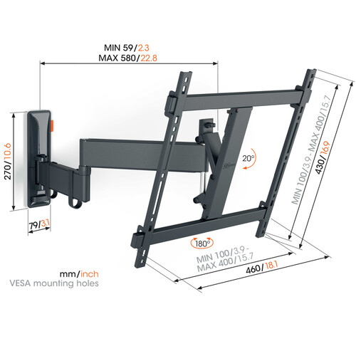 TVM 3445 Vogels TV-Wandhalterung 32-65" schwenk-neigbar 400x400 max.25kg schwarz Produktbild Additional View 1 L