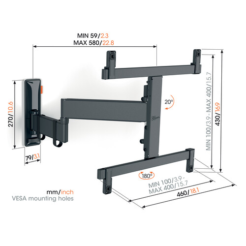 TVM 3465 Vogels OLED-Wandhalter 32-65" schwenk-neigbar 400x400 max.25kg schwarz Produktbild Additional View 1 L