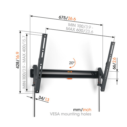 TVM 3615 Vogels TV-Wandhalterung 40-77" neigbar 600x400 max.35kg schwarz Produktbild Additional View 1 L