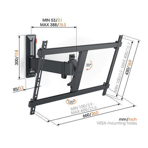 TVM 3625 Vogels TV-Wandhalterung 40-77" schwenk-neigbar 600x400 max.35kg schwarz Produktbild Additional View 1 L