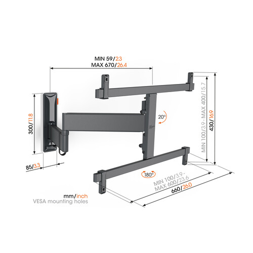 TVM 3665 Vogels OLED-Wandhalter 40-77" schwenk-neigbar 600x400 max.35kg schwarz Produktbild Additional View 1 L