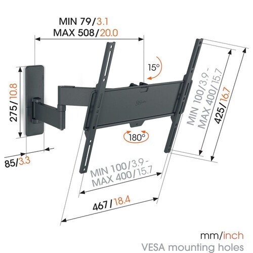 TVM 1445 Vogels TV-Wandhalterung 32-65" schwenk-neigbar 400x400 max.25kg schwarz Produktbild Additional View 5 L