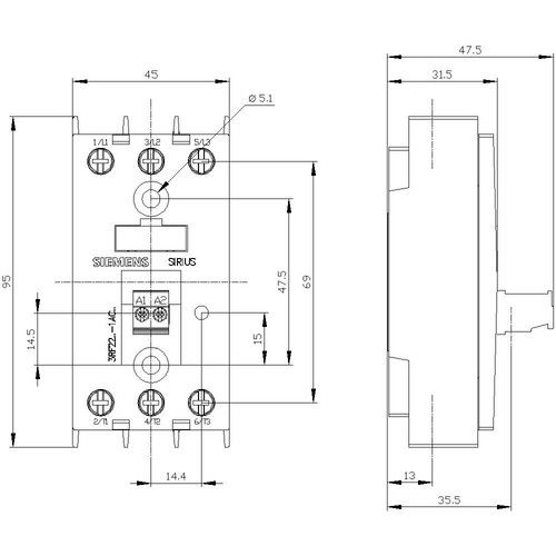 3RF22301AC45 Siemens Halbleiterrelais 2RF2, 3- phasig 30A 48- 600V/4- 30V DC3 Produktbild Additional View 2 L
