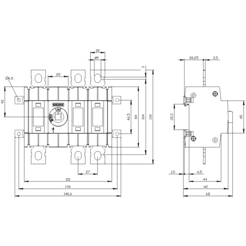 3KD38300NE200 Siemens Lasttrennschalter 250A, Baugr. 2, 3-polig Frontantrieb mi Produktbild Additional View 3 L