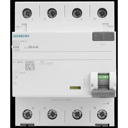 5SV3346-6 Siemens FI-Schutzschalter Typ A 63A 3+N-Pol 30MA 400V 4TE Produktbild Additional View 6 L