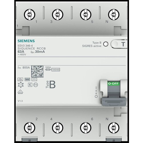 5SV3346-4 Siemens FI Schutzschalter TypB 63A 3+N pol. 30mA 400V 4TE kurzzeitve Produktbild Additional View 5 L