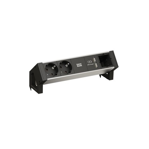 937.001 Bachmann DESK2 ALU BLACK 2xCEE7/3 1xCM 1xUSB Produktbild Front View L